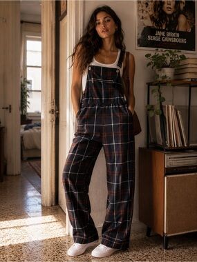 Stradivarius Plaid Check Wide-Leg Overalls Jumpsuit
